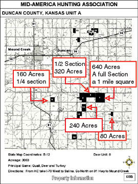 Self Guided Turkey Hunts Begin Here self guided turkey hunts An example of a single hunting map sheet composed of over 3,000 acres. Leases are highlighted as black blocks and numbered. Red boxes are additive to this illustration showing acreage per block be it a section at 640 acres, a 1/2 section of 320 acres, or a 1/4 at 160 acres and so on. Each self guided hunter would reserve his choice of a designated lease on days he wants to spend in field. Intent is better than just separating hunters on any day hunted. We have enough land there is no need to have any one hunter to fall in on heels of another.